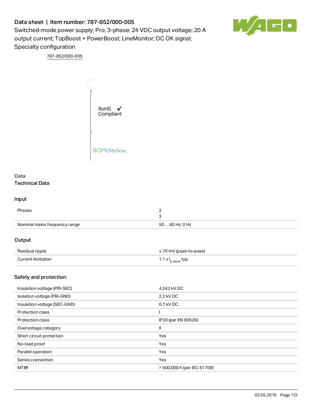 Wago 787-852/000-005 Data Sheet