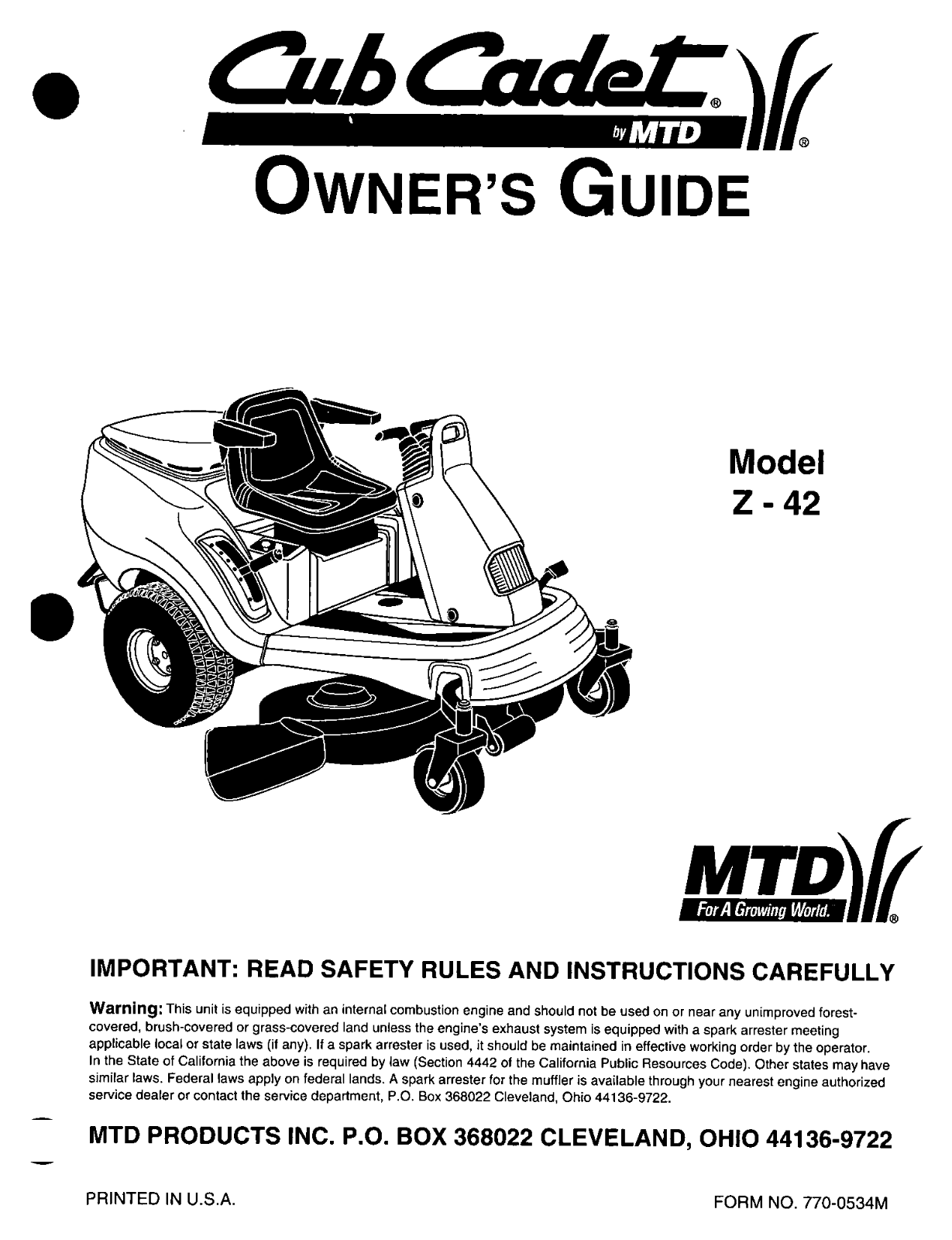 cub cadet Z-42 owners Manual