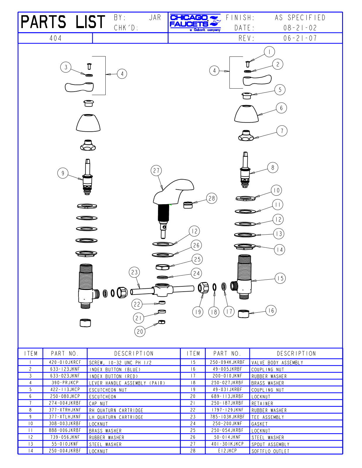 Chicago Faucet 404 Parts List