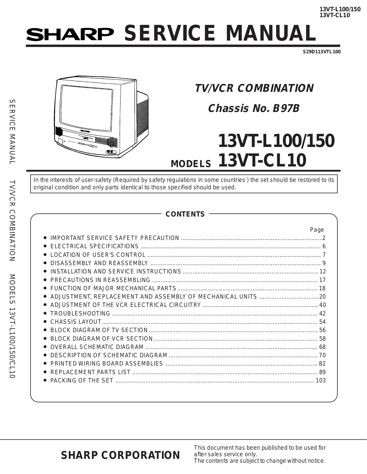 SHARP 13VT-L100, 13VT-L150, 13VT-CL10 Service Manual