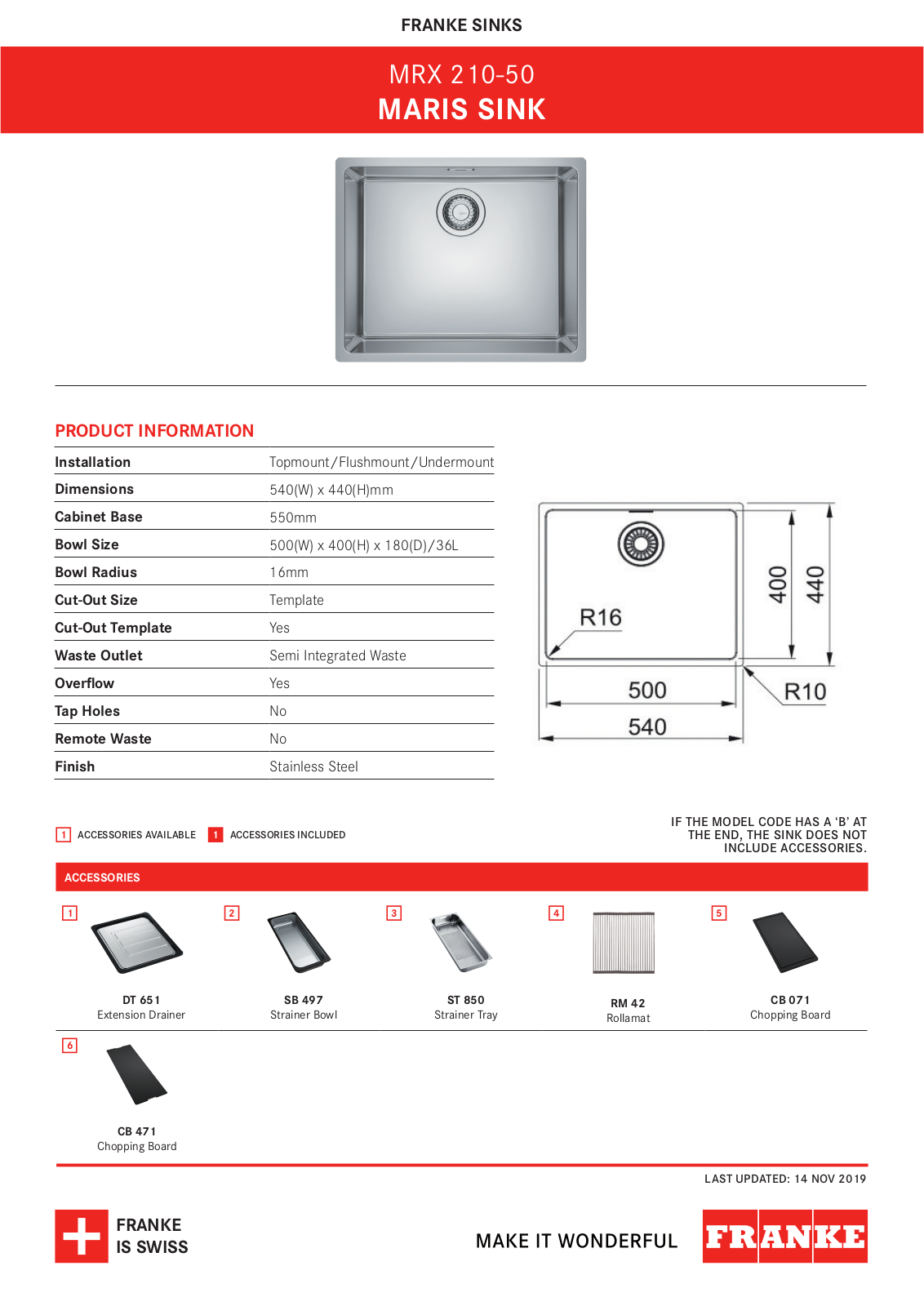 Franke MRX210-50 Specifications Sheet