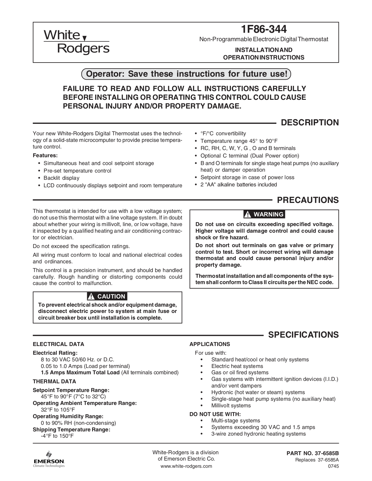 White Rodgers 1F86-344 User Manual 2