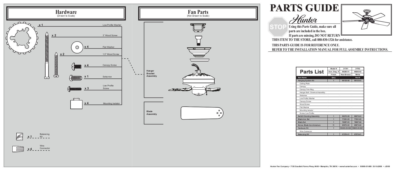 Hunter 21782 Parts Guide