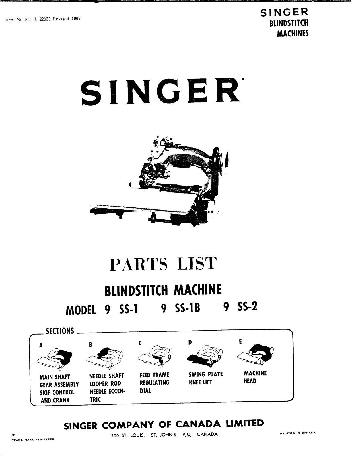 SINGER 9SS-1, 9SS-1B, 9SS-2 Parts List