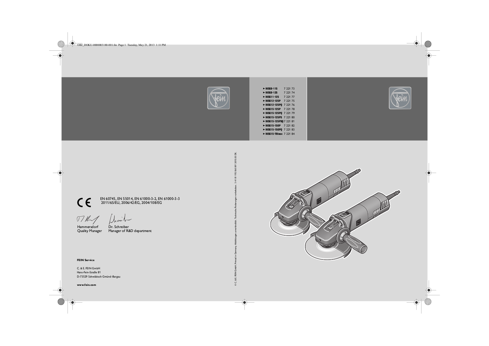 Fein WSG8-115, WSG8-125, WSG11-125, WSG12-125P, WSG12-125PQ User guide