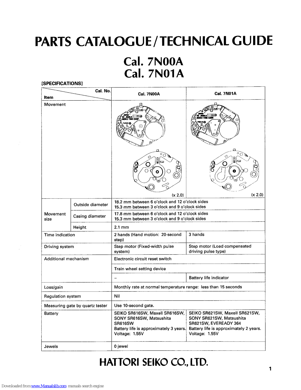 Seiko 7N00A, 7N01A Parts Catalogue /technical Manual