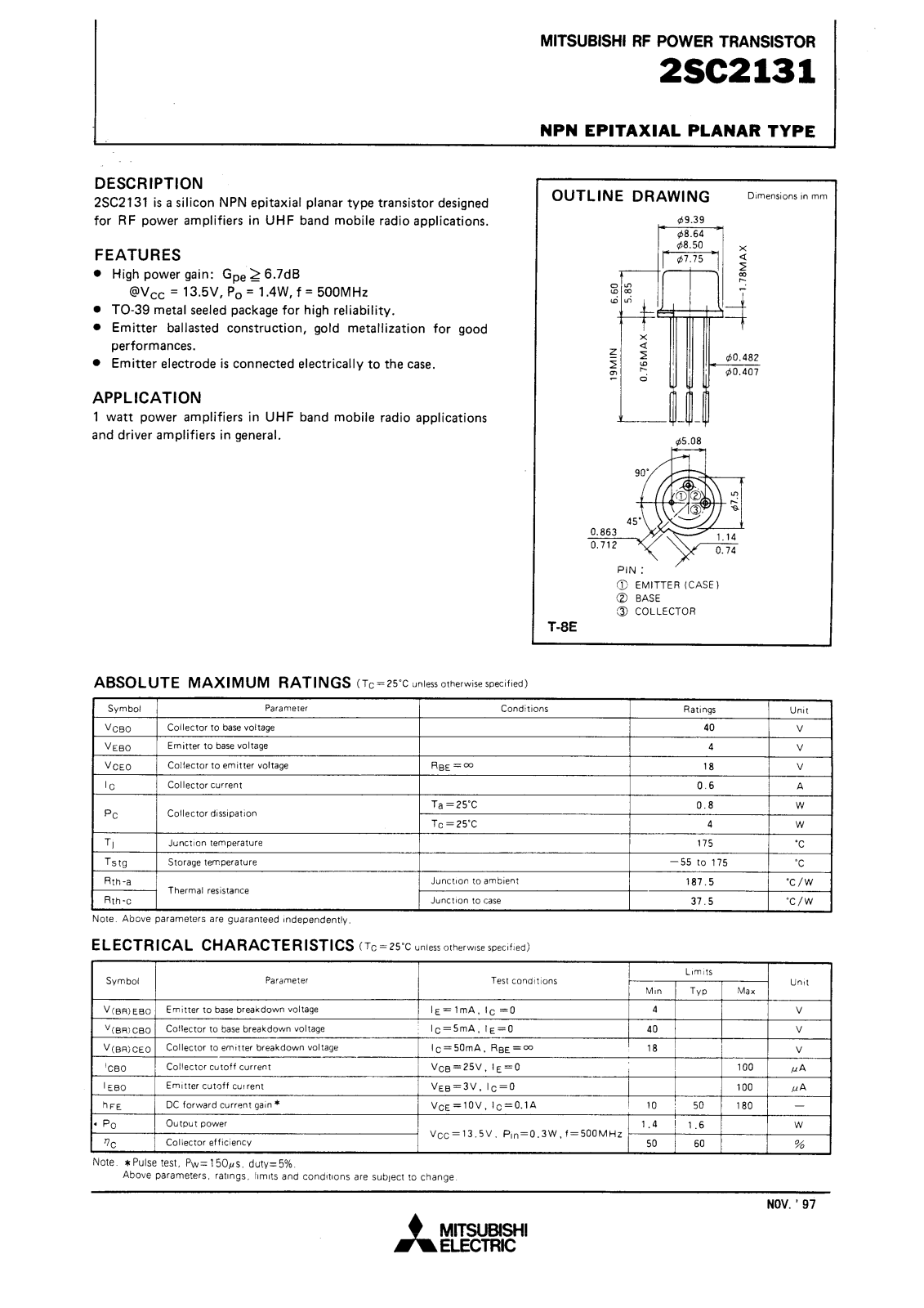 Mitsubishi Electric Corporation Semiconductor Group 2SC2131 Datasheet