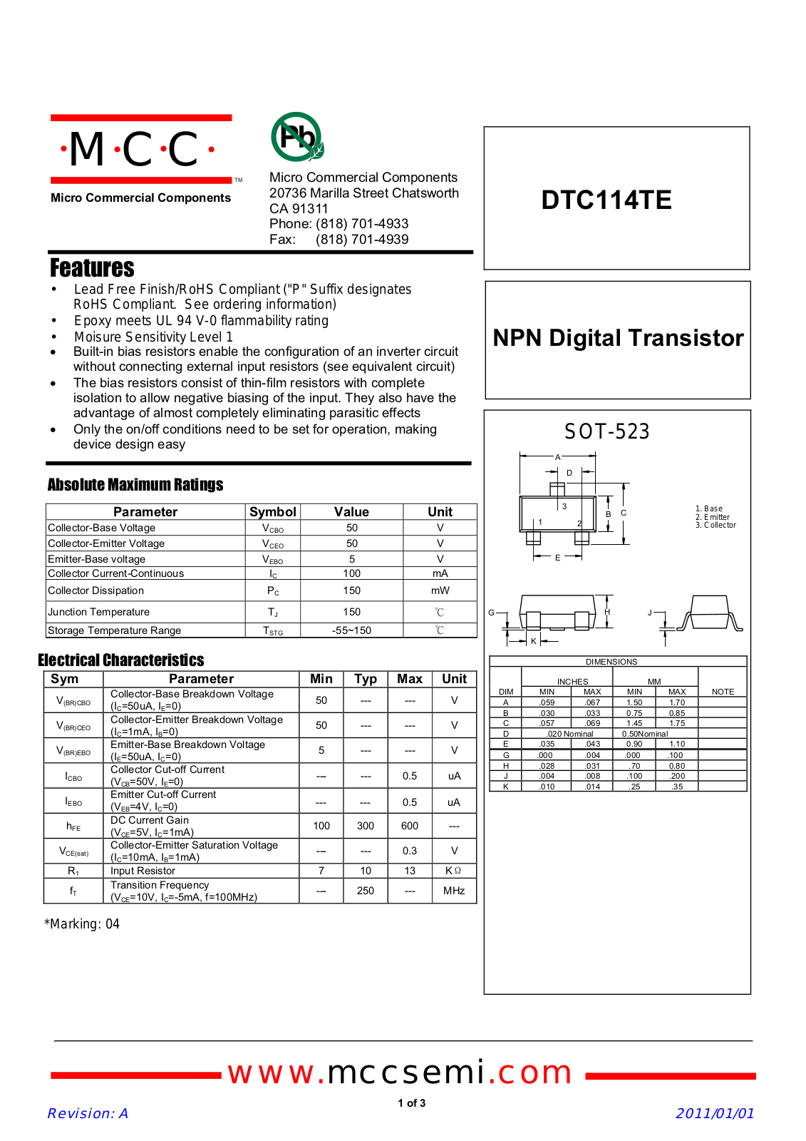 Datasheet dtc114te_sot-523 Datasheet - ManualMachine.com