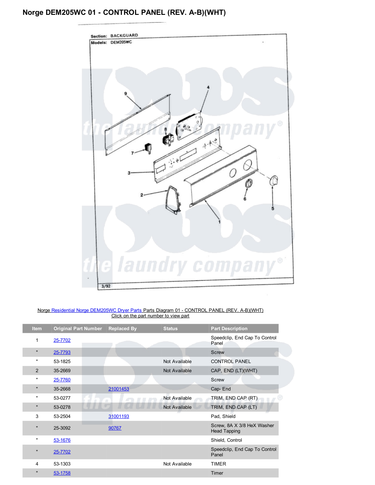 Norge DEM205WC Parts Diagram