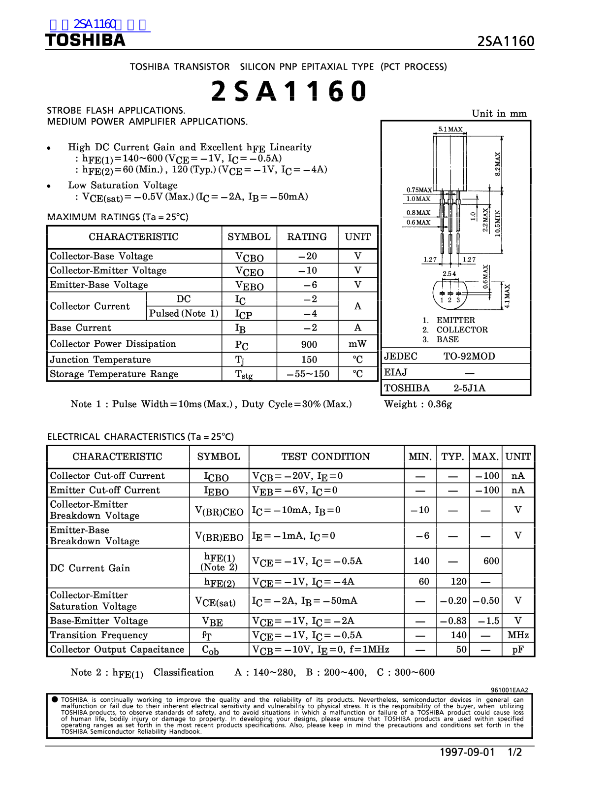 TOSHIBA 2SA1160 Technical data