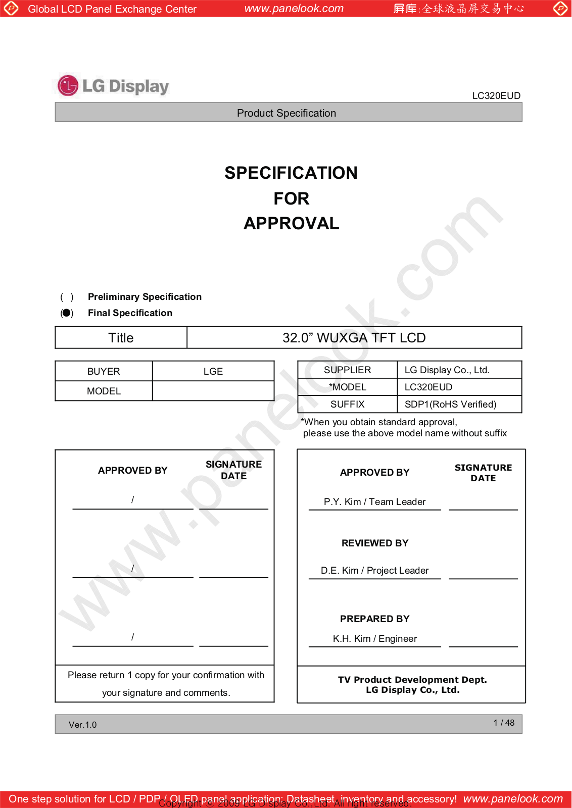 LG Display LC320EUD-SDP1 Specification