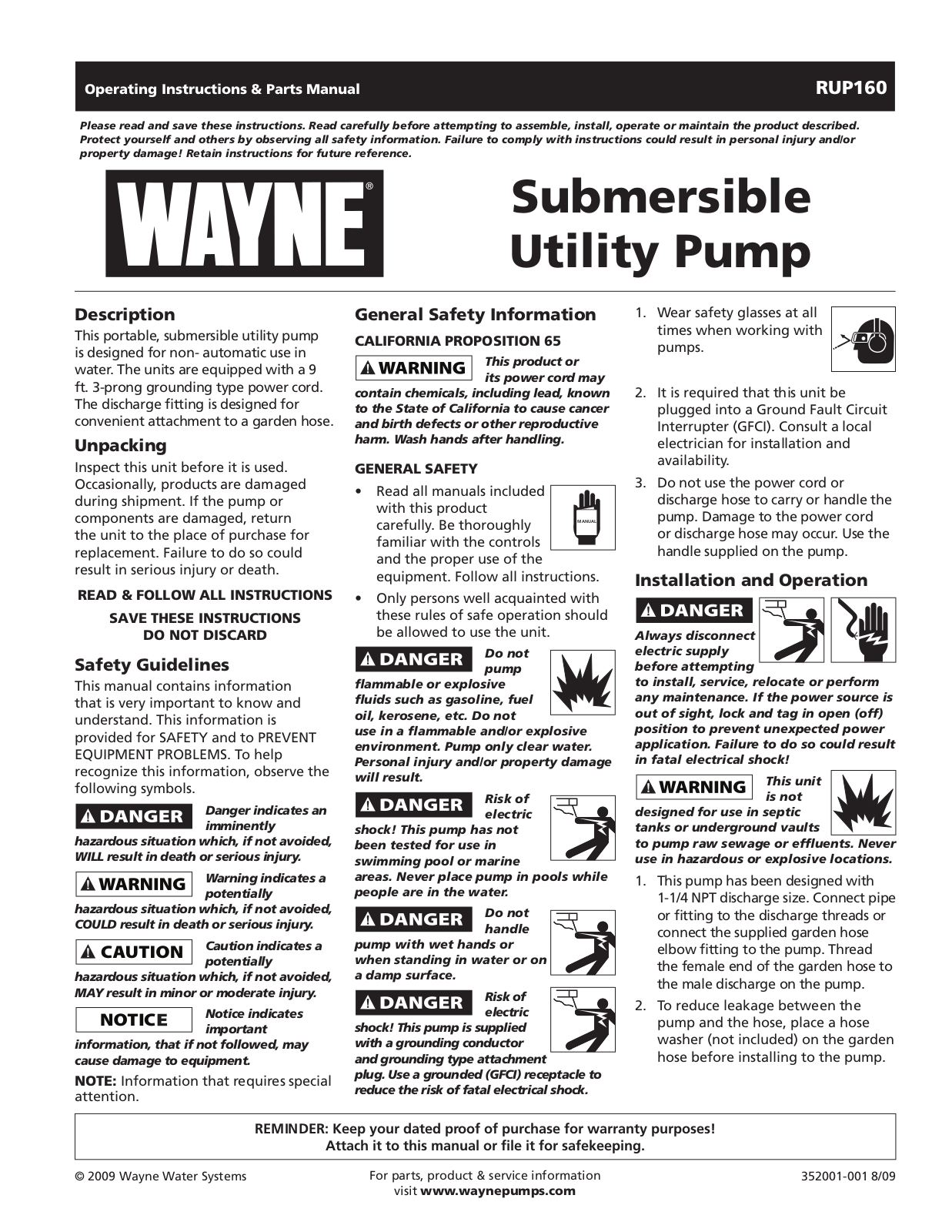 Wayne 352001-001, RUP160 User Manual