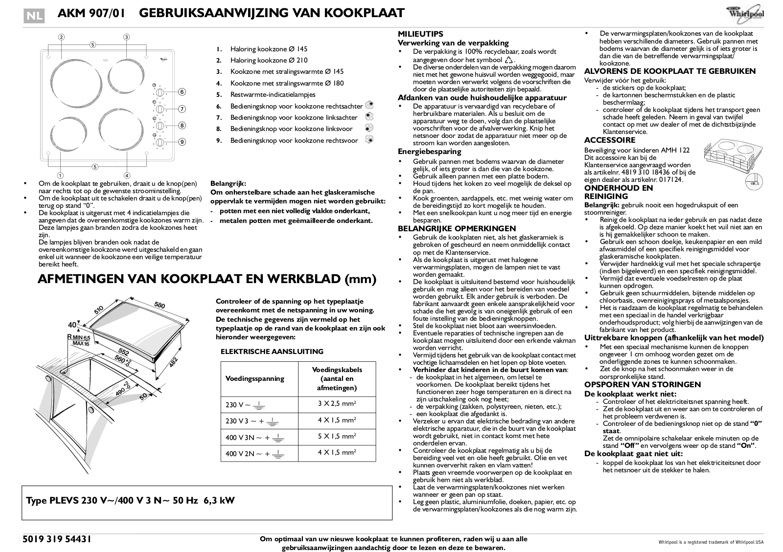 Whirlpool AKM 907/NE/01 PROGRAM CHART