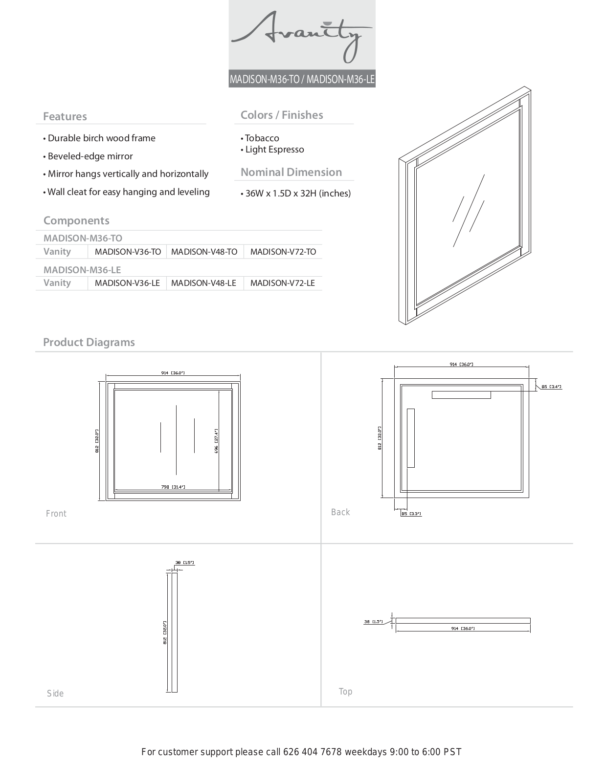 Avanity MADISONM36TO Specifications