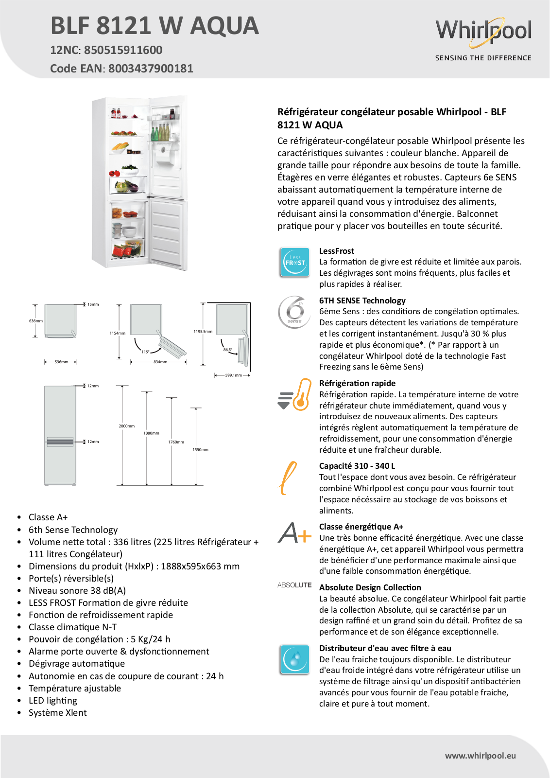 Whirlpool BLF 8121 W AQUA Product information