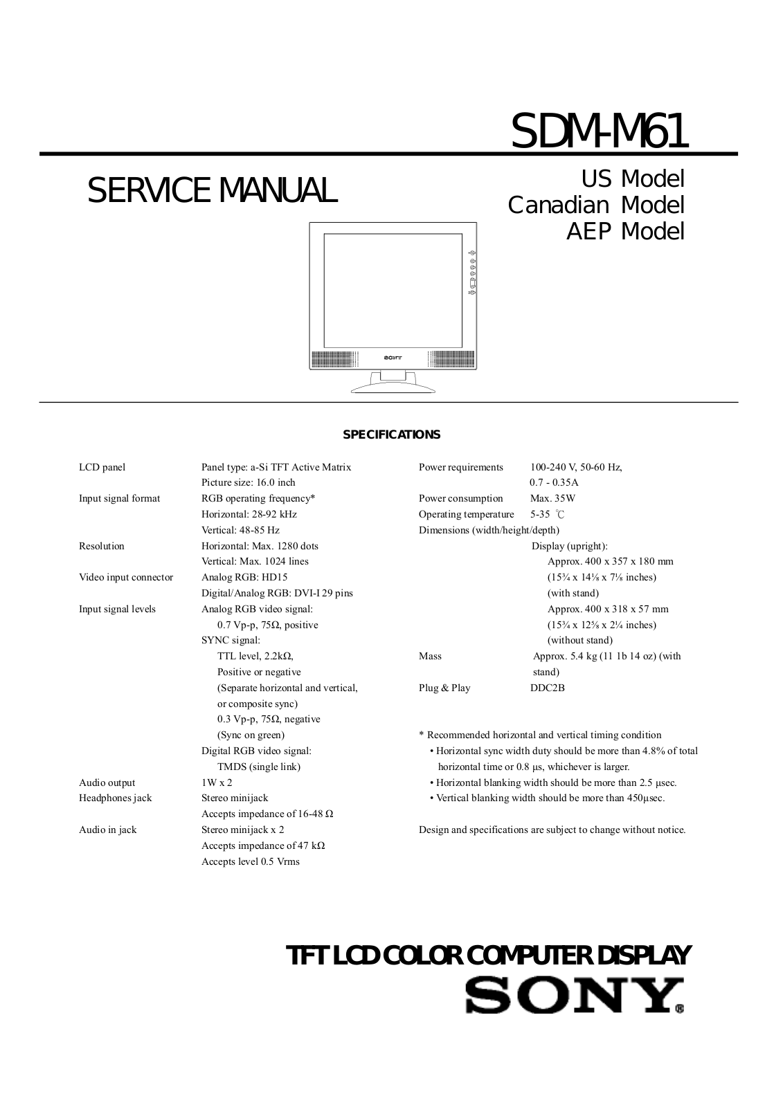 Sony SDM-M161 Schematic