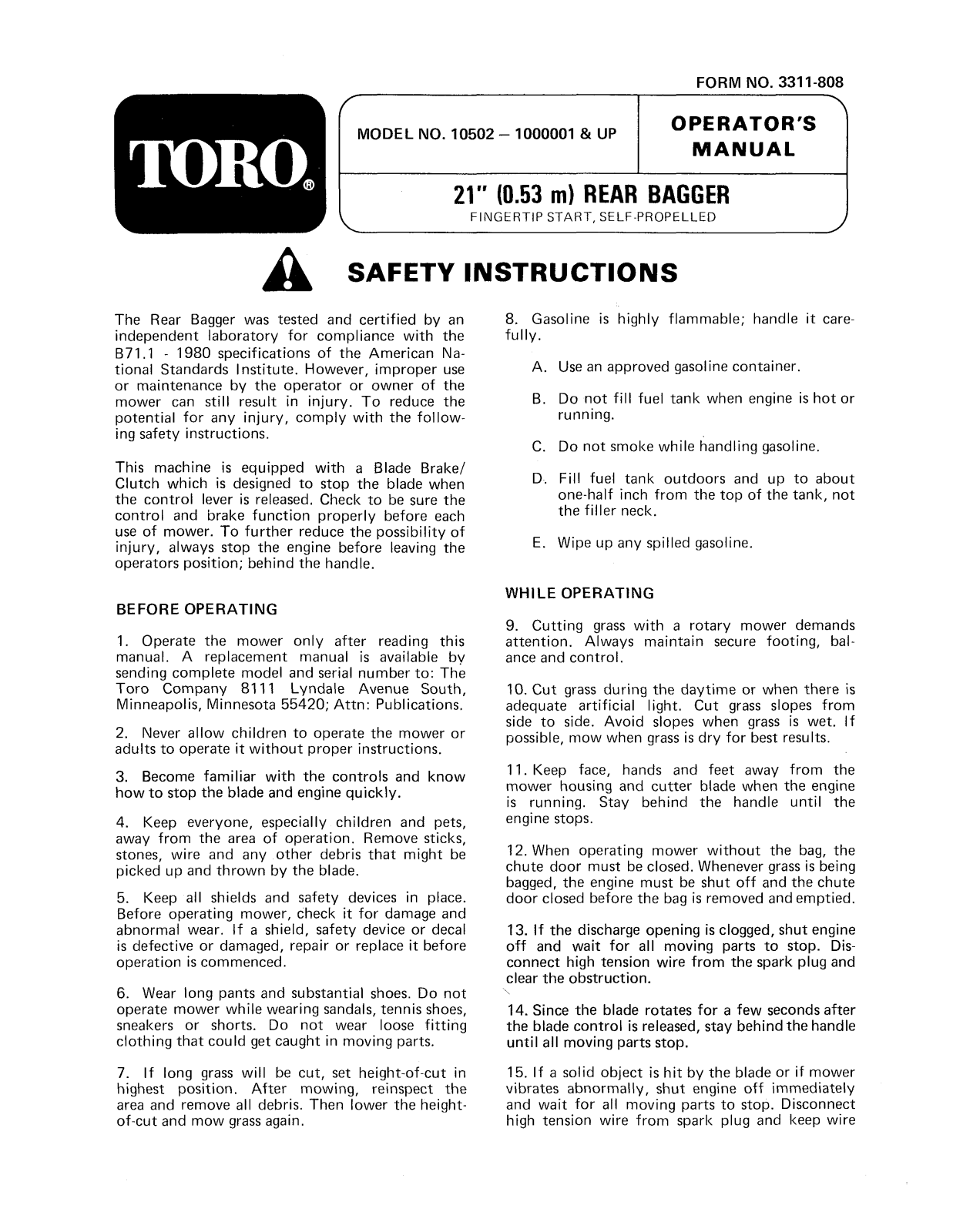 Toro 10502 Operator's Manual