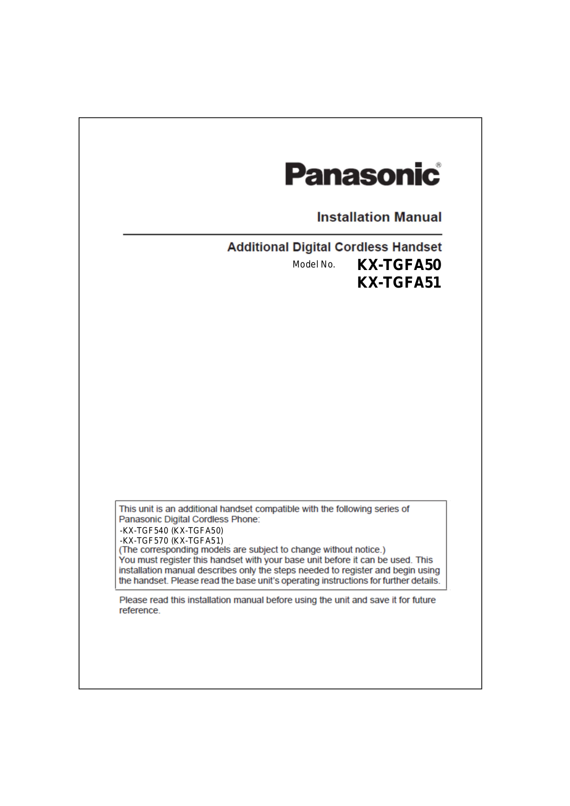Panasonic of North America 96NKX TGFA51 User Manual