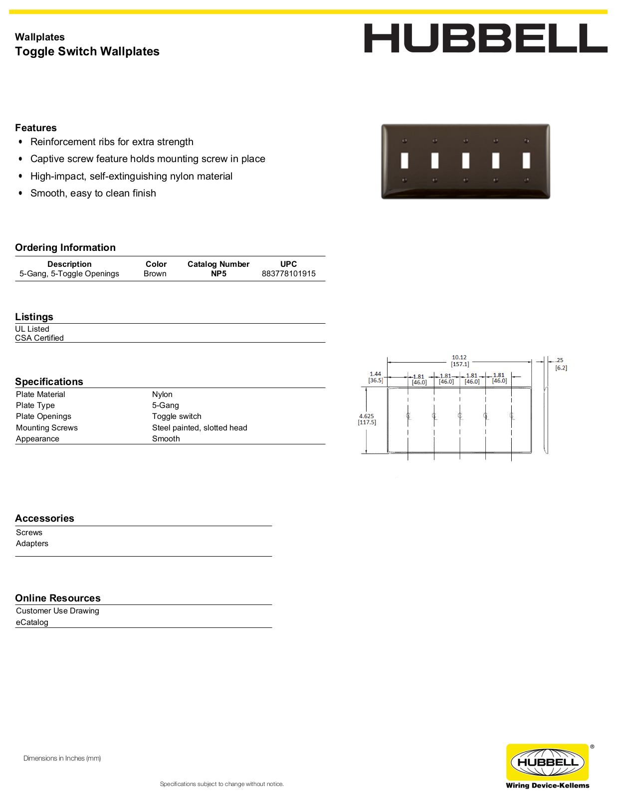 Hubbell NP5 Specifications