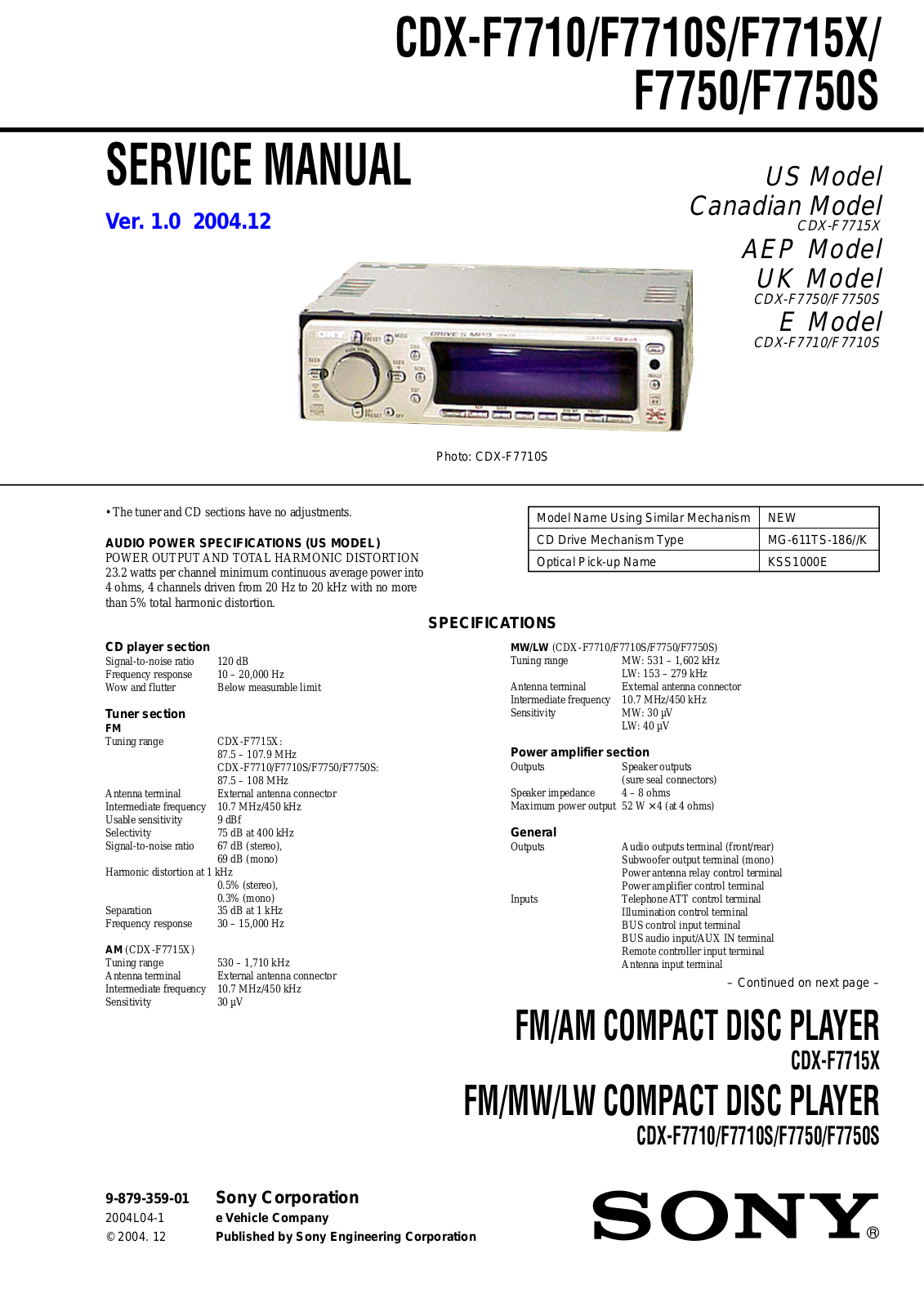 Sony CDX-F7710, CDX-F7710s, CDX-F7715x, CDX-F7750, CDX-F7750s Schematic