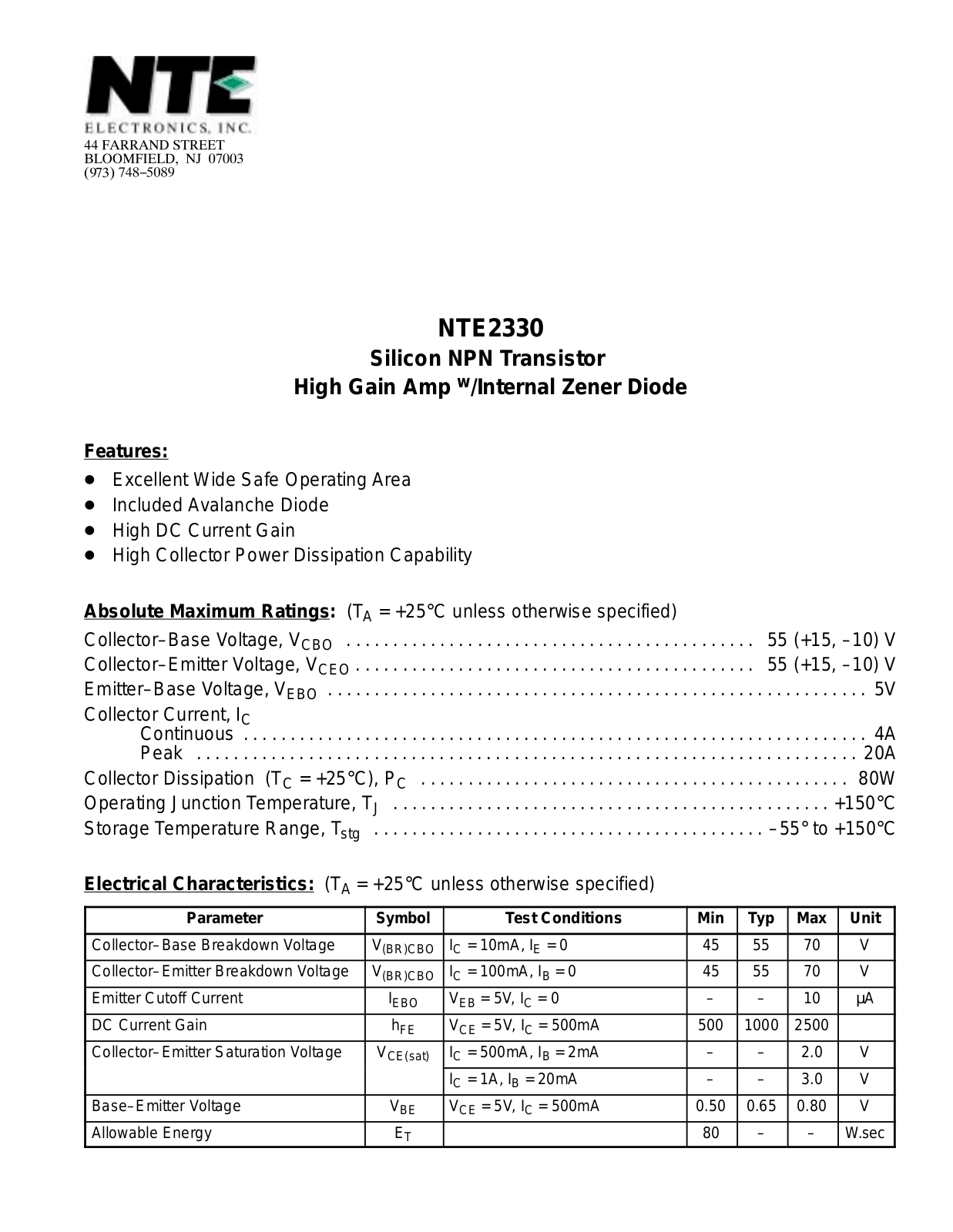 Datasheet NTE2330 Datasheet (NTE) - ManualMachine.com