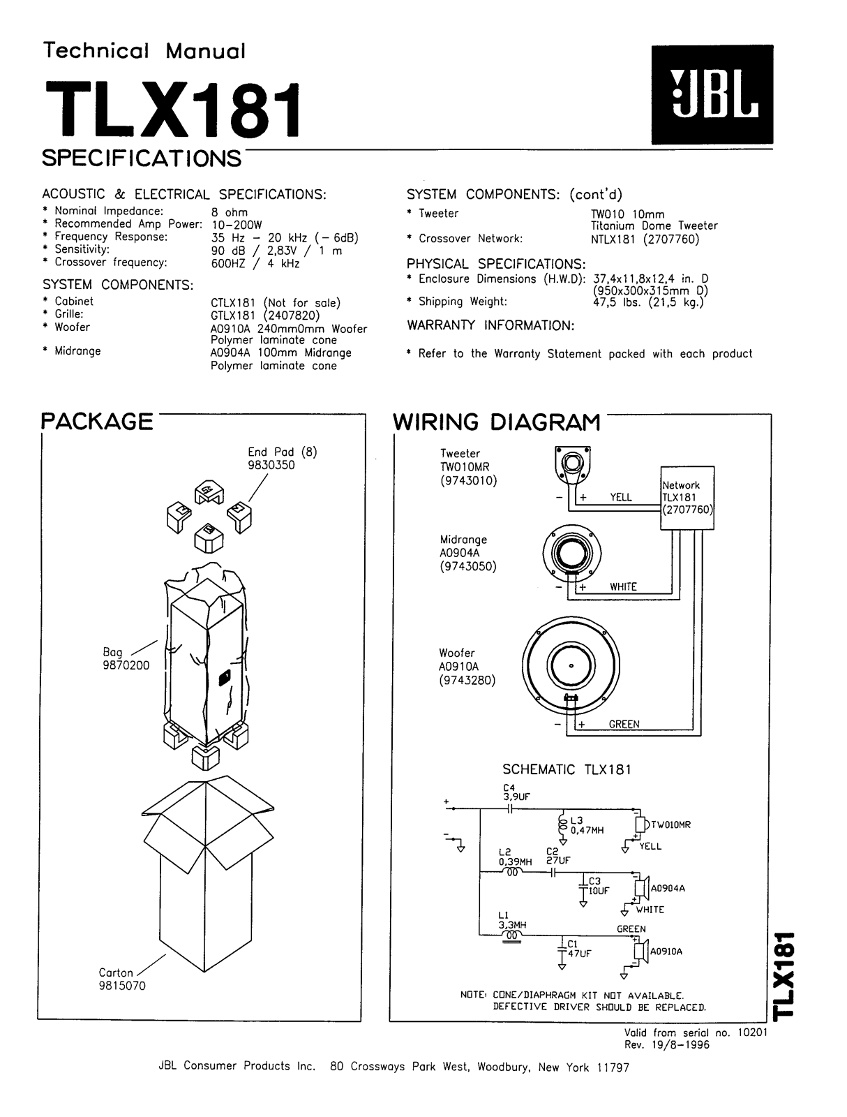 JBL TLX181 Service Manual