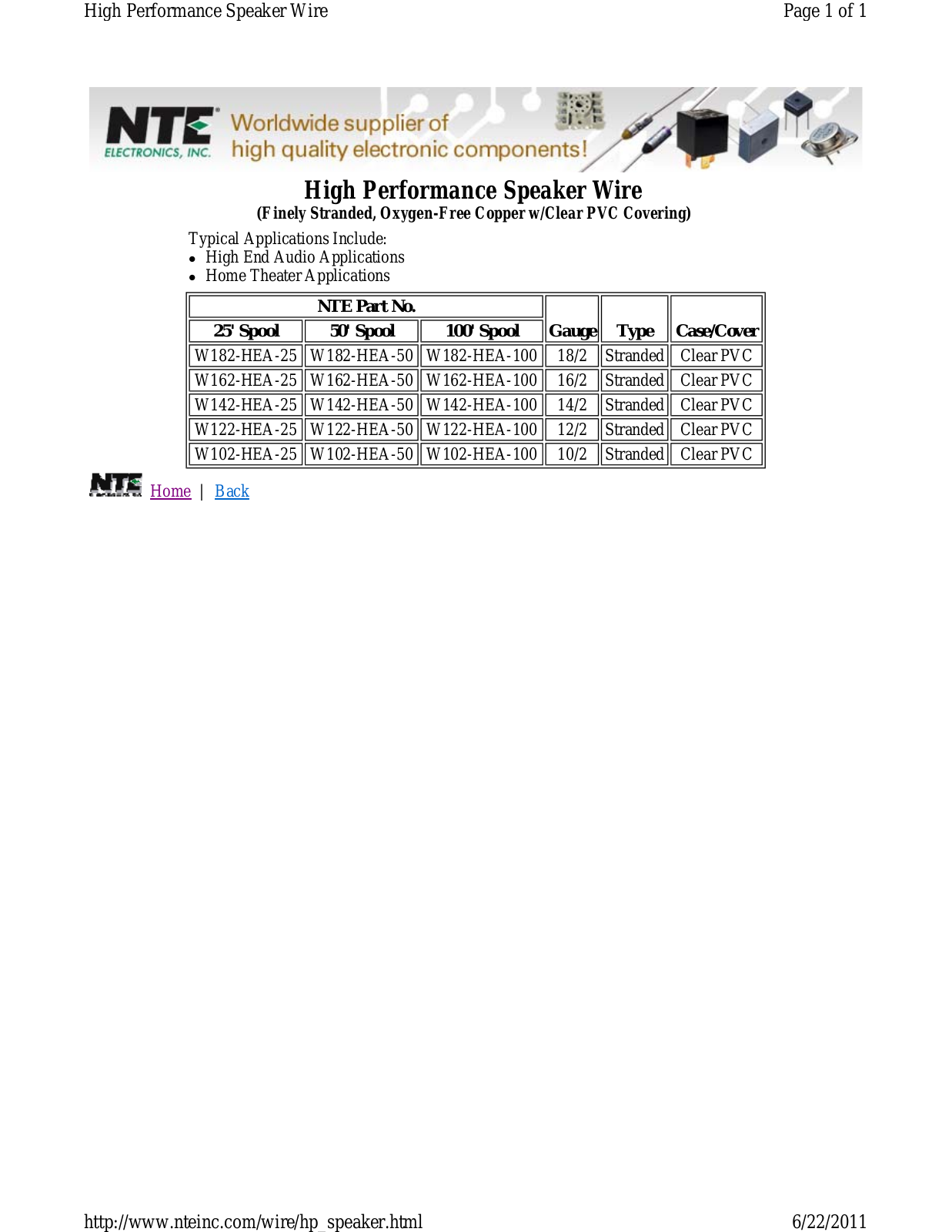 NTE Electronics W102-HAE, W122-HAE, W142-HAE, W162-HAE, W182-HAE Catalog Page