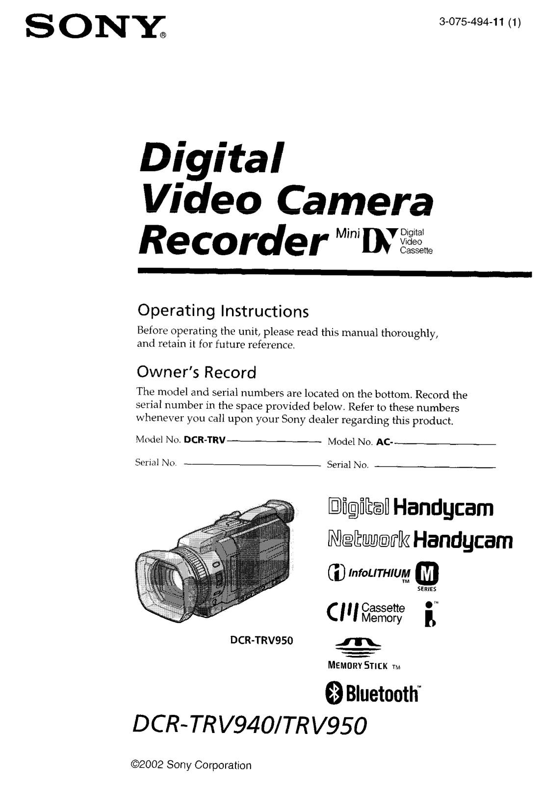 Sony DCR-TRV94O, DCR-TRV950 Operating Instructions Manual