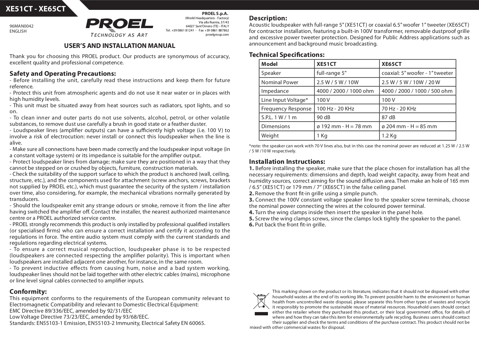 Proel XE51CT User Manual