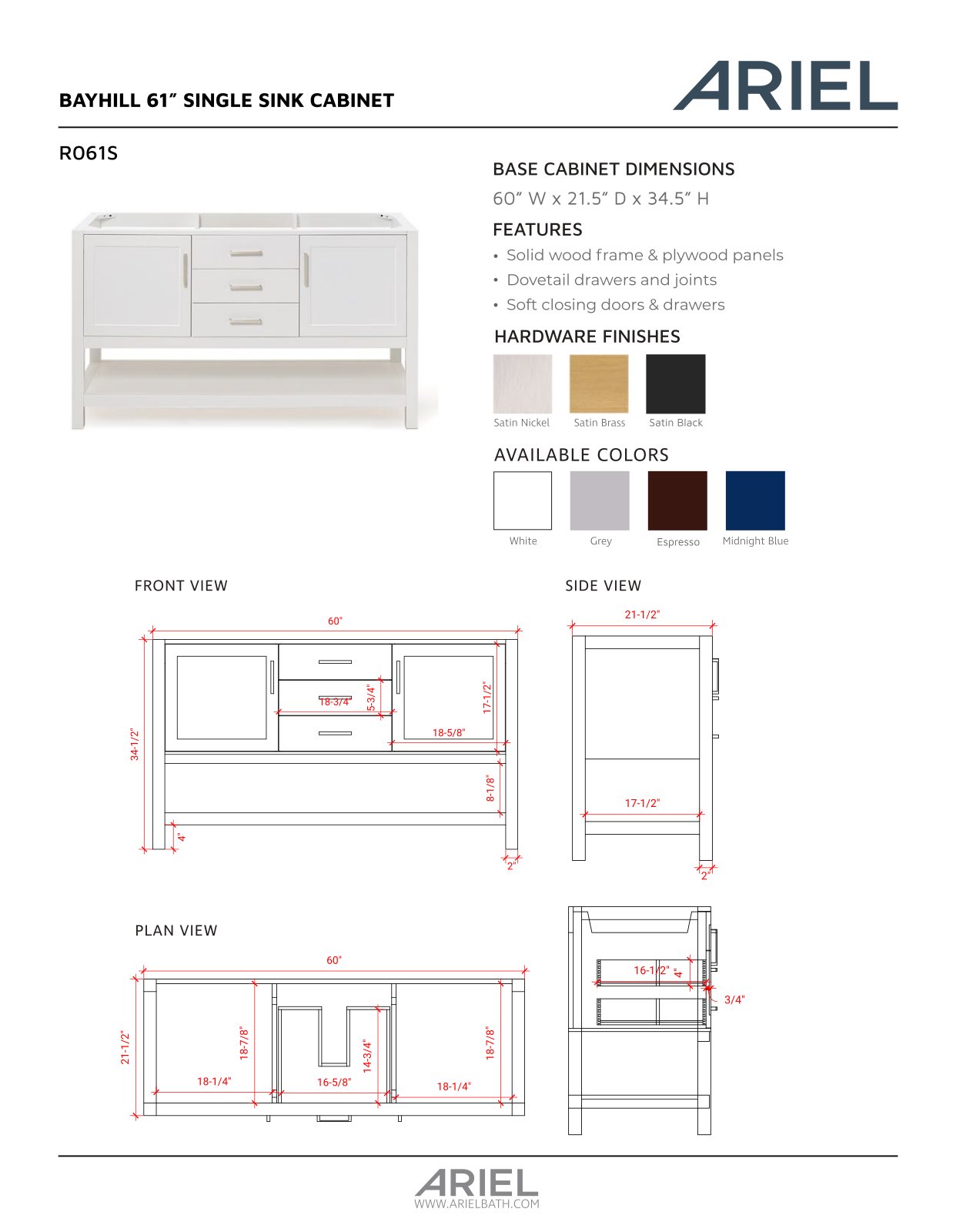 Ariel Bath ZZB10287 Specification - ManualMachine.com