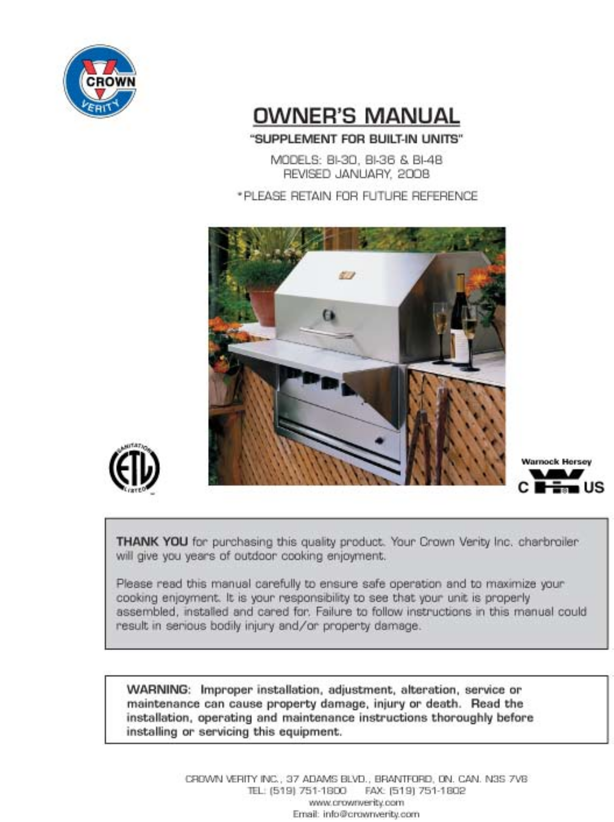 Crown Verity BI-30, BI-36, BI-48 OWNERS MANUAL