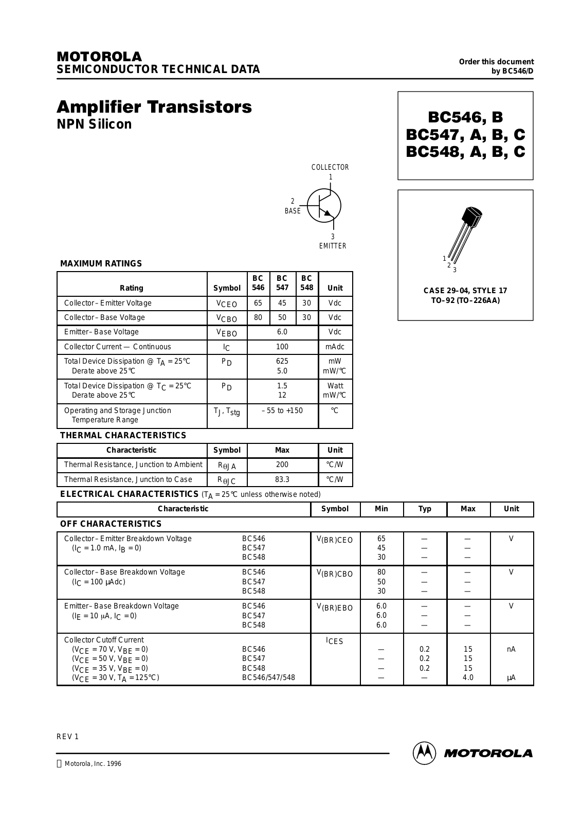 ON Semiconductor BC548CZL1, BC548CRL, BC548C, BC547CZL1, BC548BZL1 Datasheet