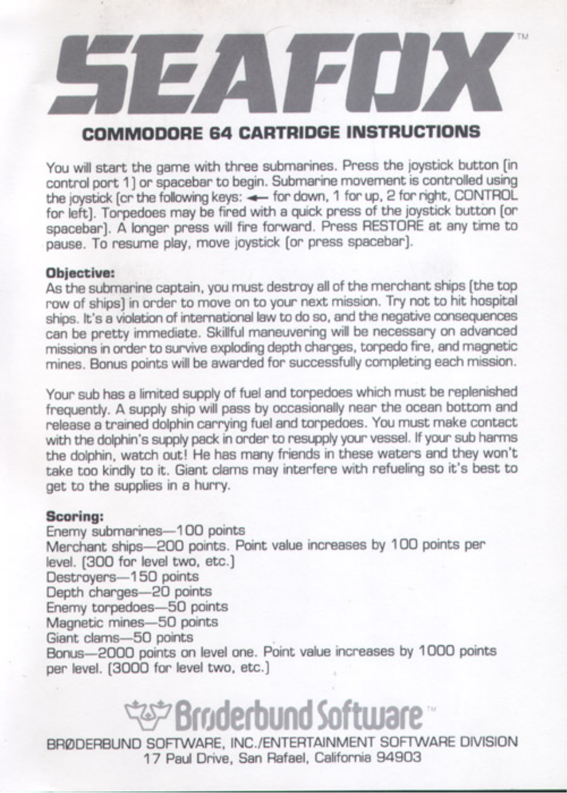Broderbund Seafox (1982) User guide - ManualMachine.com