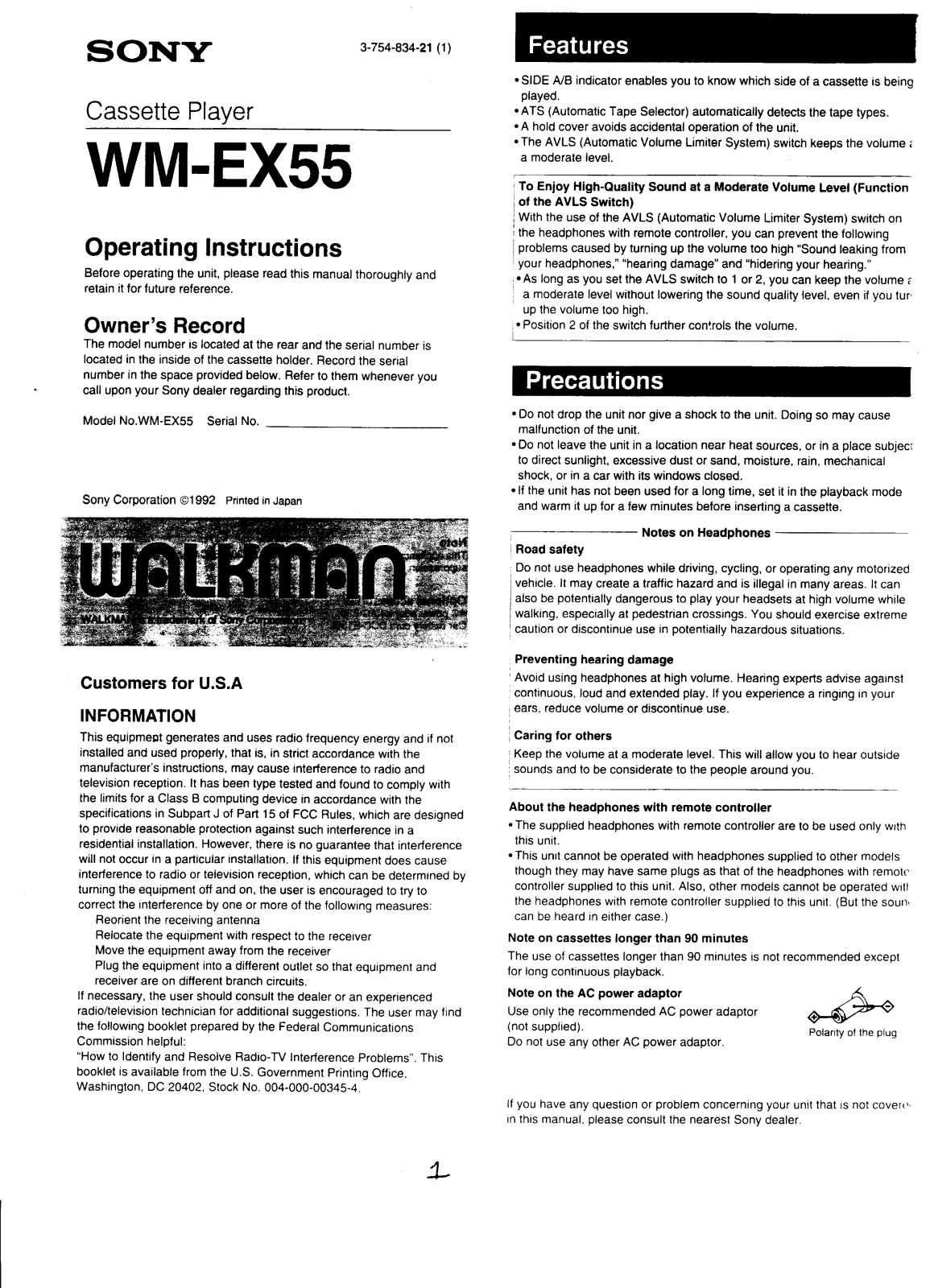 Sony WM-EX55 User Manual