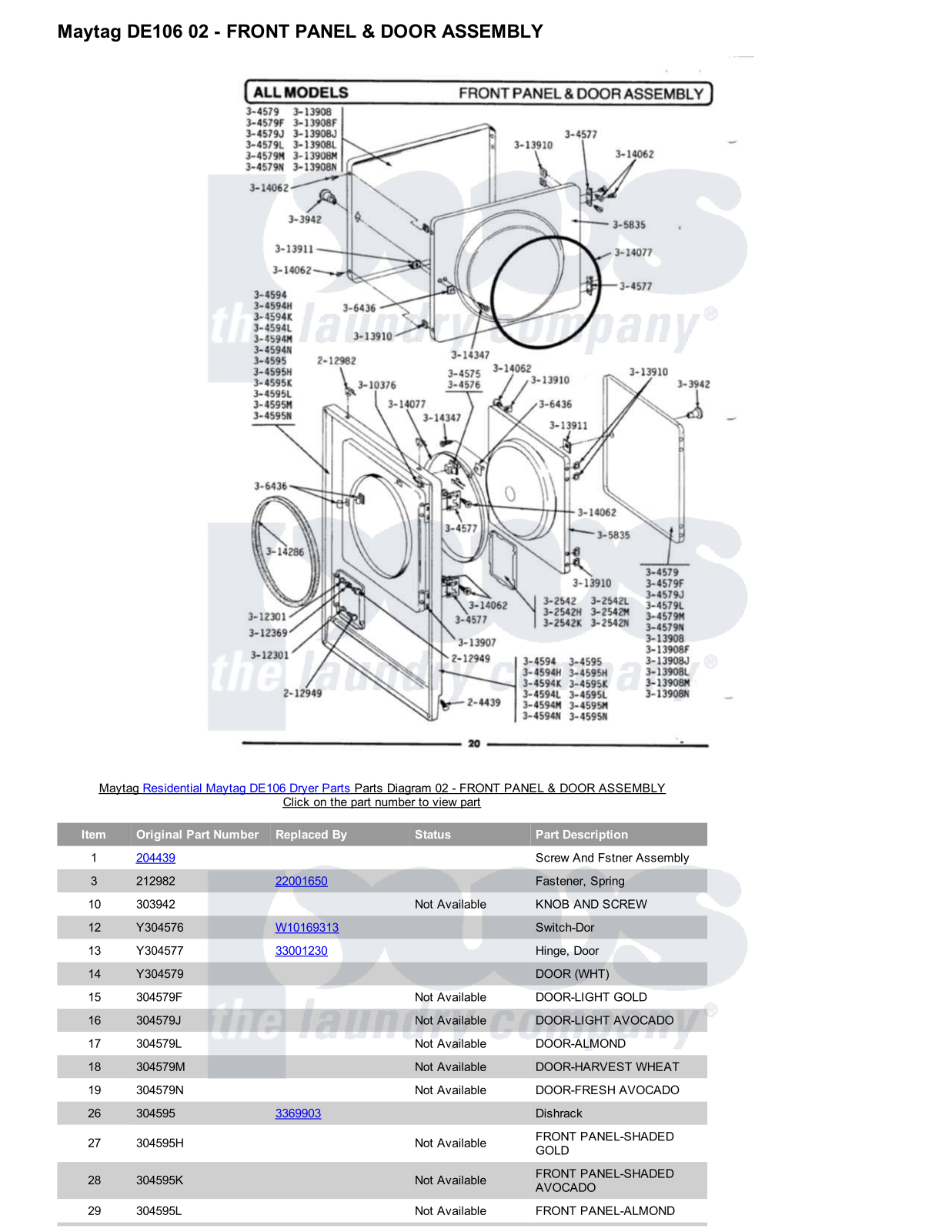 Maytag DE106 Parts Diagram
