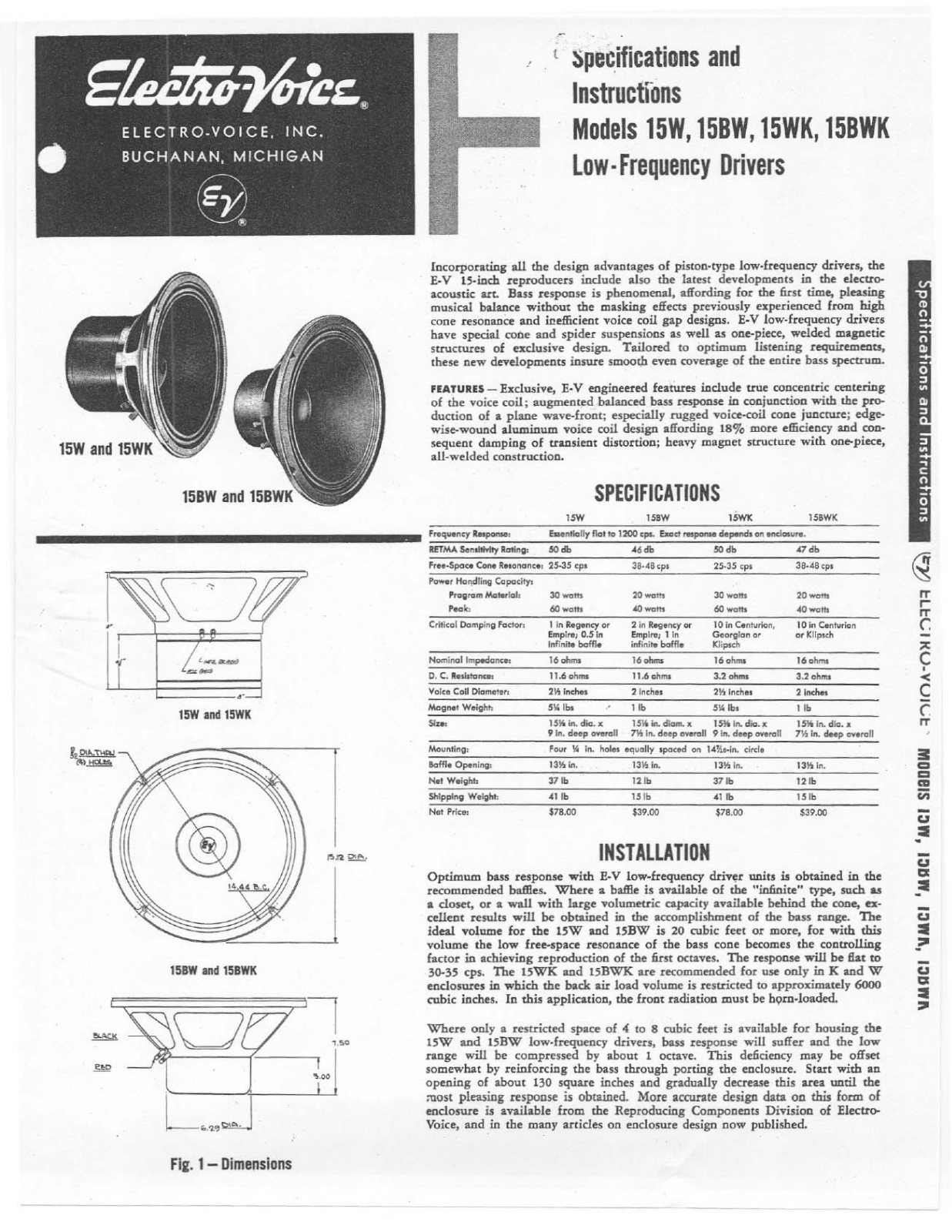 Electro-voice 15W, 15BWK, 15WK, 15BW specification and instructions