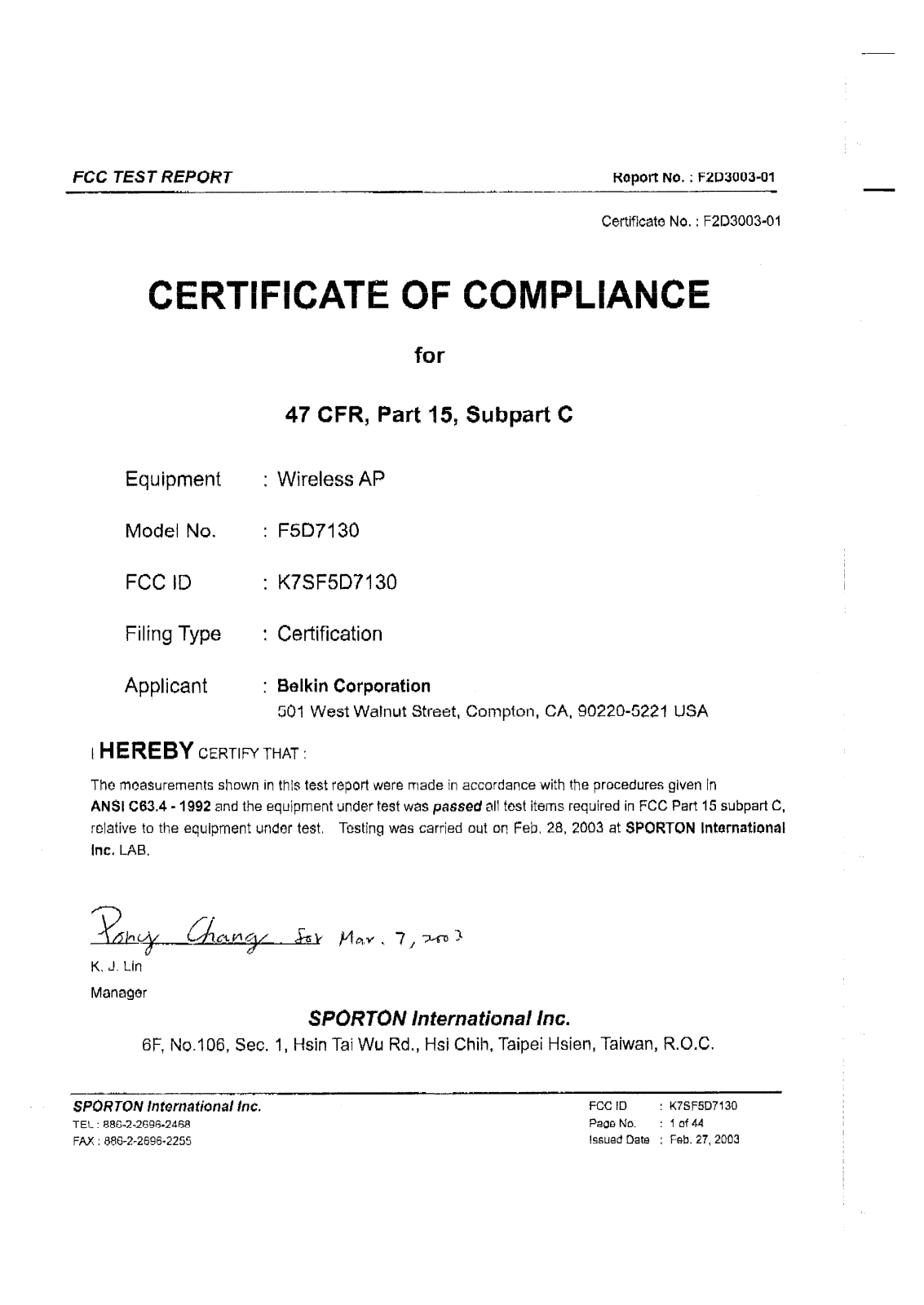 Belkin F5D7130CE1 User Manual