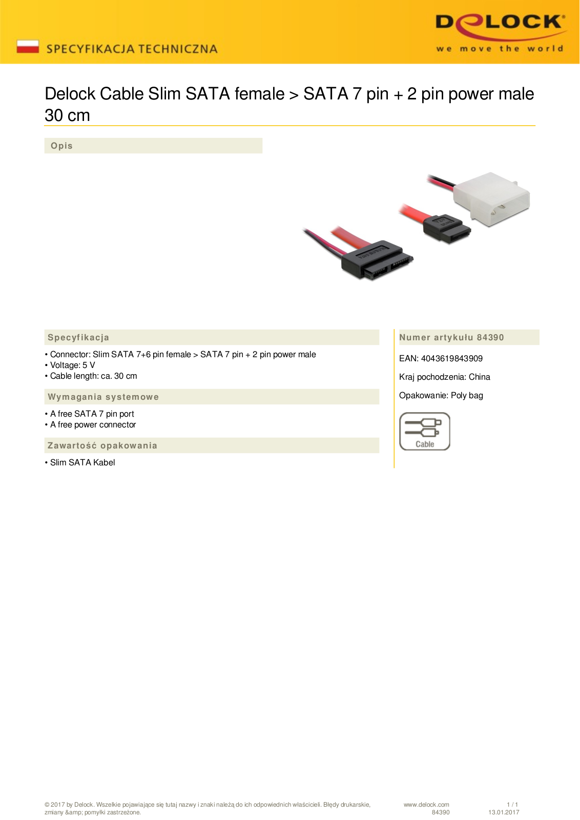 DeLOCK SATA All-in-One cable 0.3m, Slimline  socket User Manual