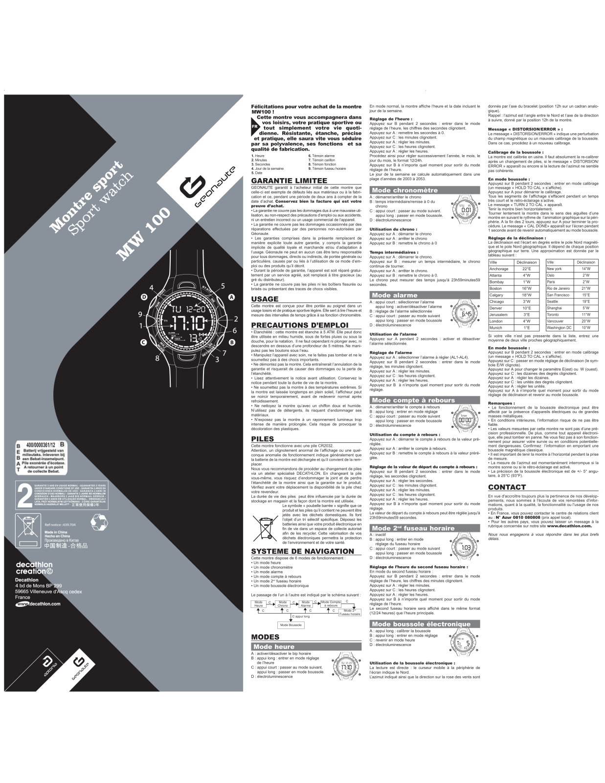 GEONAUTE MONTRE MW100 User Manual