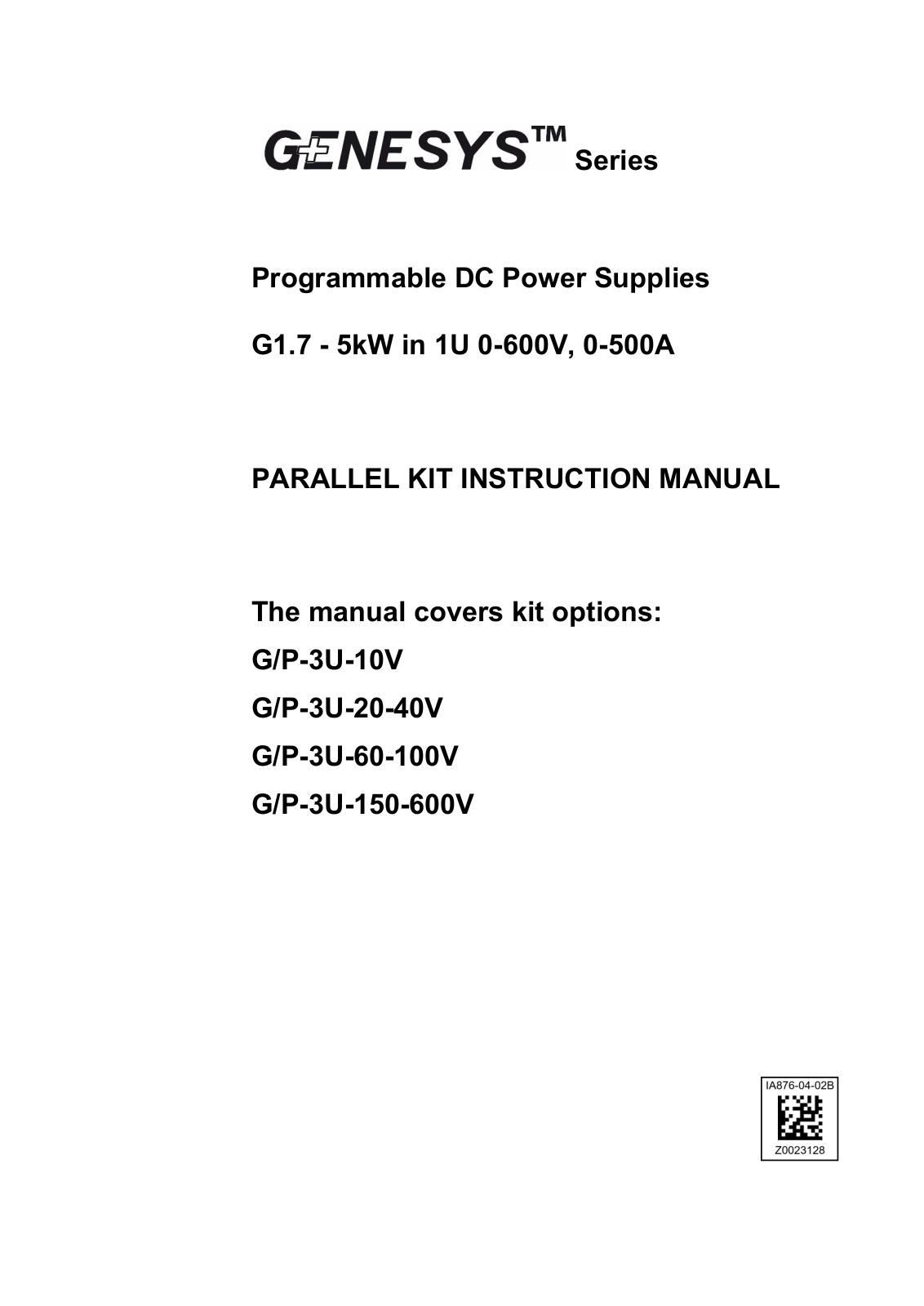 TDK-Lambda GENESYS Series, G/P-3U-10V, G/P-3U-20-40V, G/P-3U-60-100V, G/P-3U-150-600V Instruction Manual