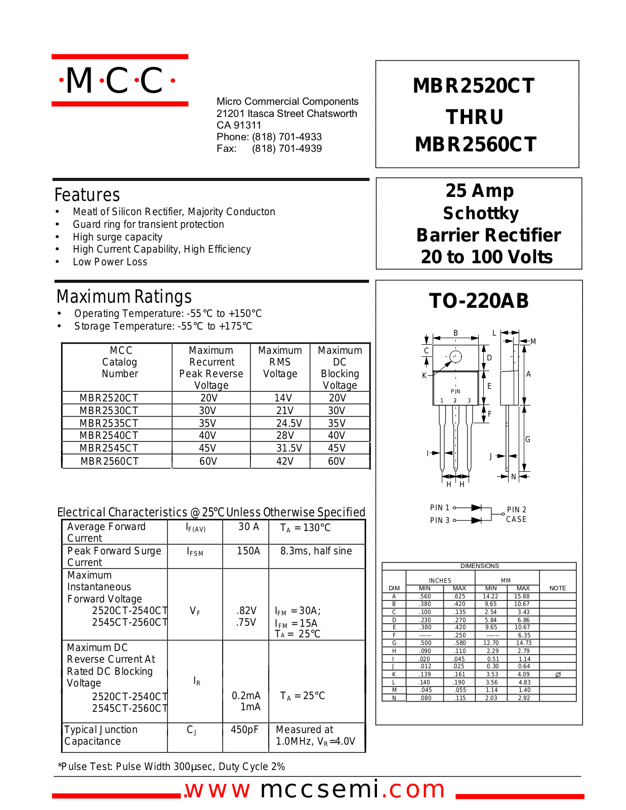 MCC MBR2560CT, MBR2535CT, MBR2530CT, MBR2545CT, MBR2540CT Datasheet