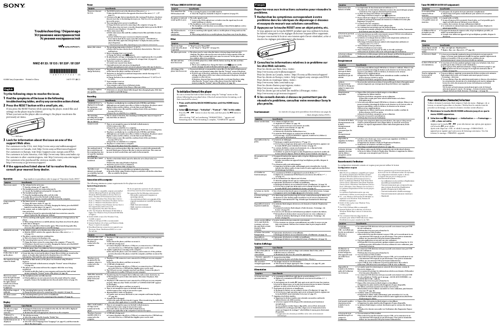 Sony Walkman NWZ-B133, Walkman NWZ-B133F, Walkman NWZ-B135, Walkman NWZ-B135F Troubleshooting Manual