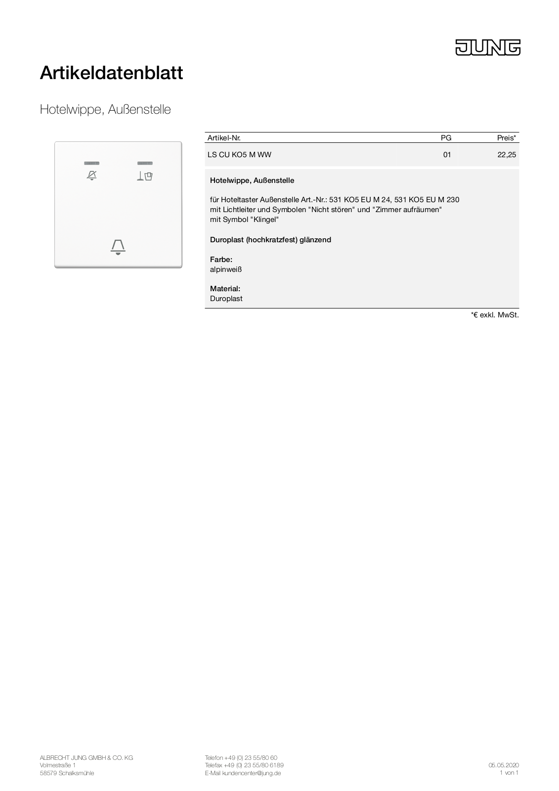 Jung LS CU KO5 M WW User Manual