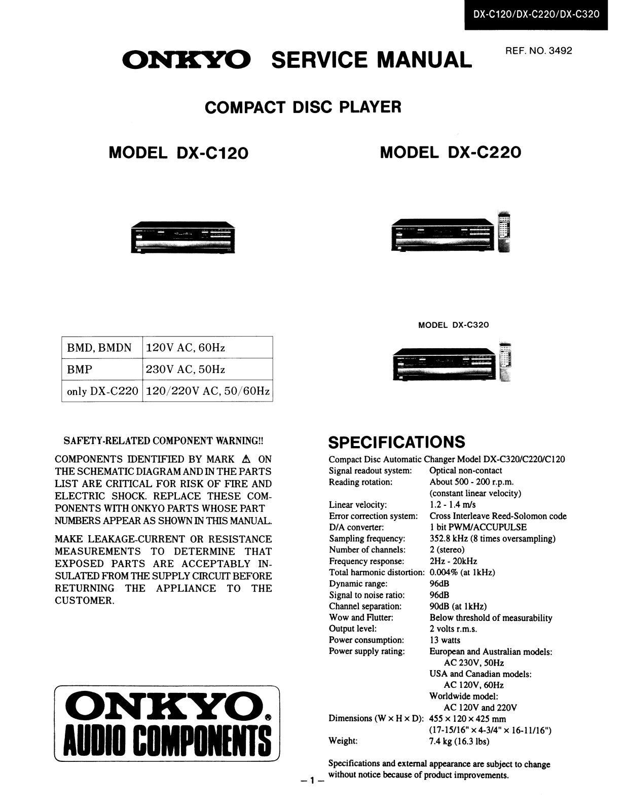 Onkyo DXC-320, DXC-220, DXC-120 Service Manual