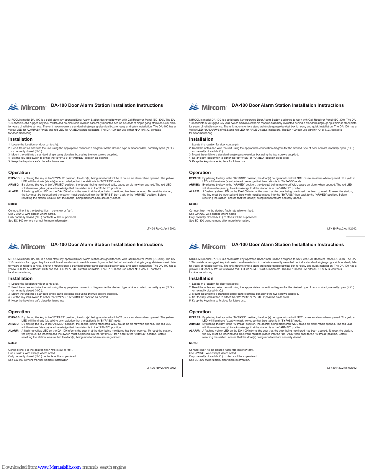 Mircom DA-100 Installation Instructions Manual