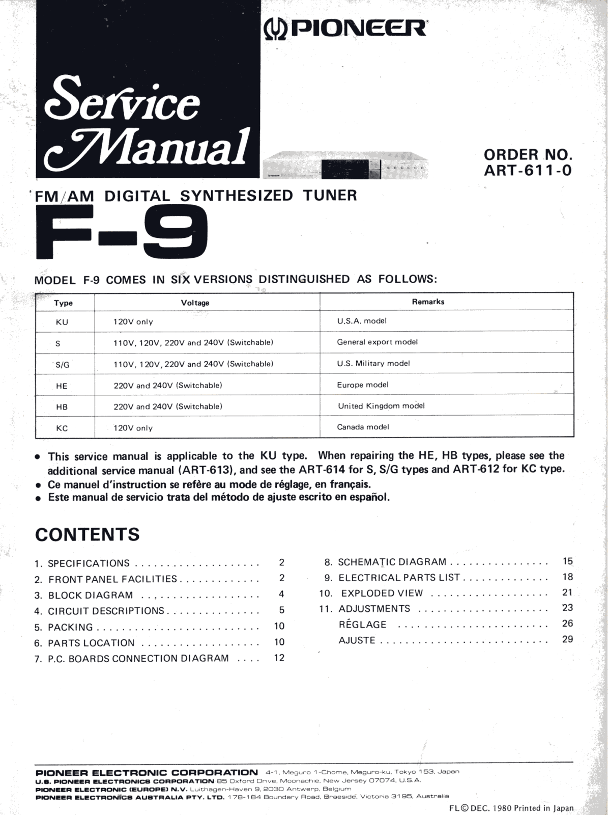 Pioneer F-9 Service manual