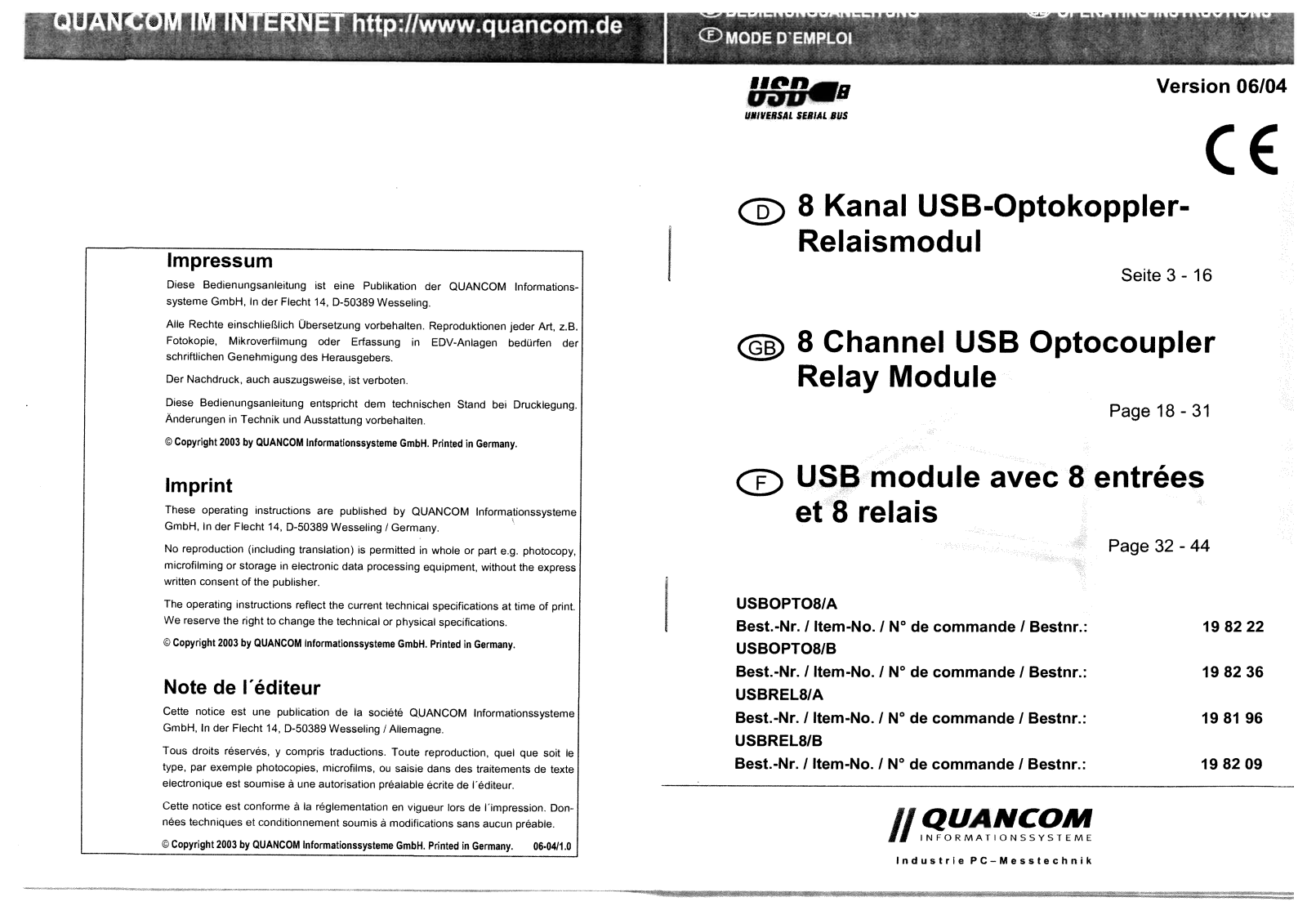 Quancom USBOPT08/A, USBOPT08/B, USBREL8/A, USBREL8/B User guide