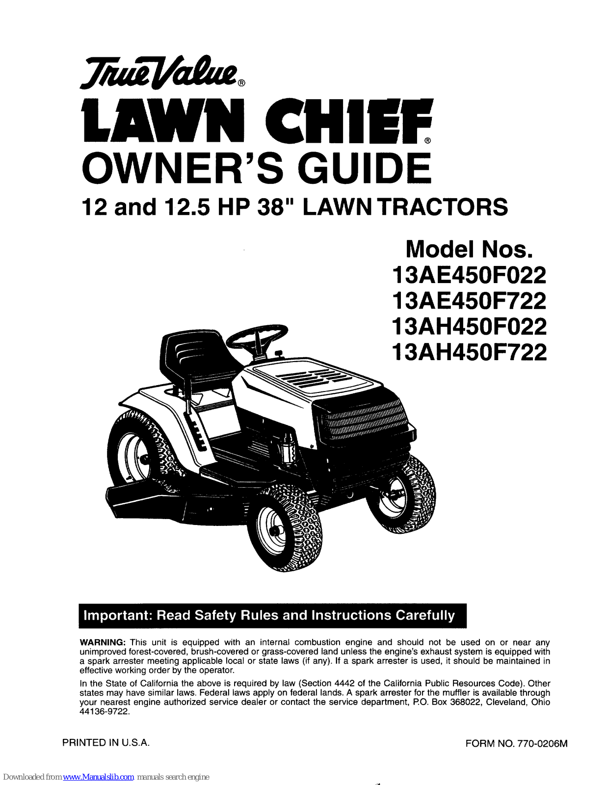 True Value Lawn Chief 13AE450F022, Lawn Chief 13AH450F722, Lawn Chief 13AH450F022, Lawn Chief 13AE450F722 Owner's Manual