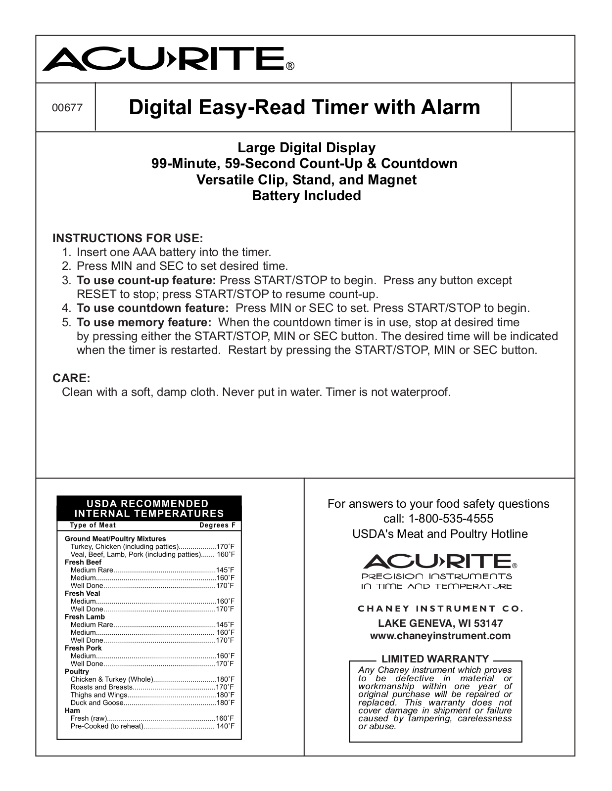 Chaney Instrument 00677 User Manual