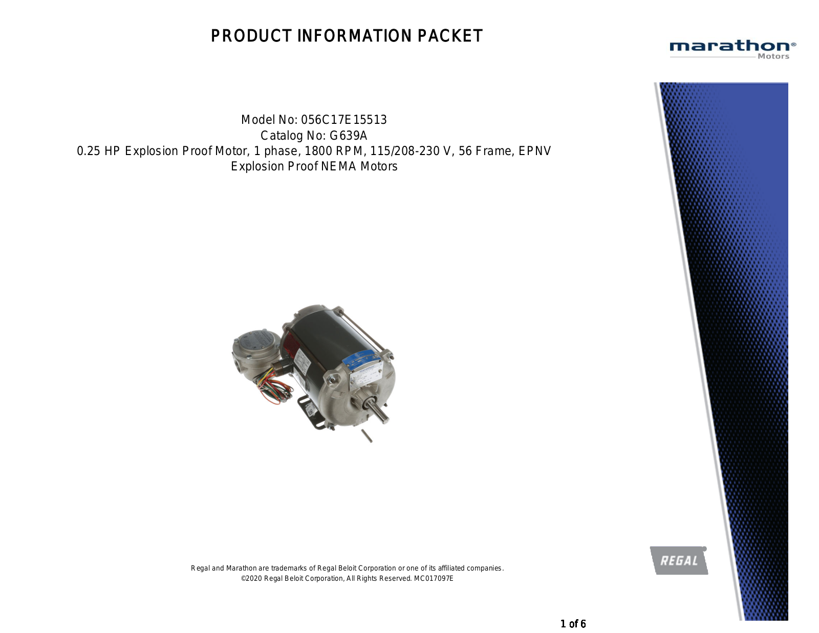 Marathon Electric 056C17E15513 Product Information Packet